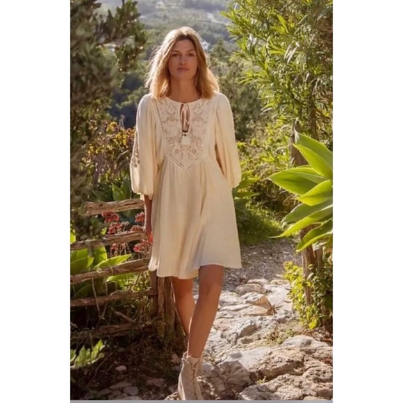 Anthropologie Dresses & Skirts - Anthropologie Viveka Embroidered Lace Puff Sleeve Mini Dress In Ivory White NWT